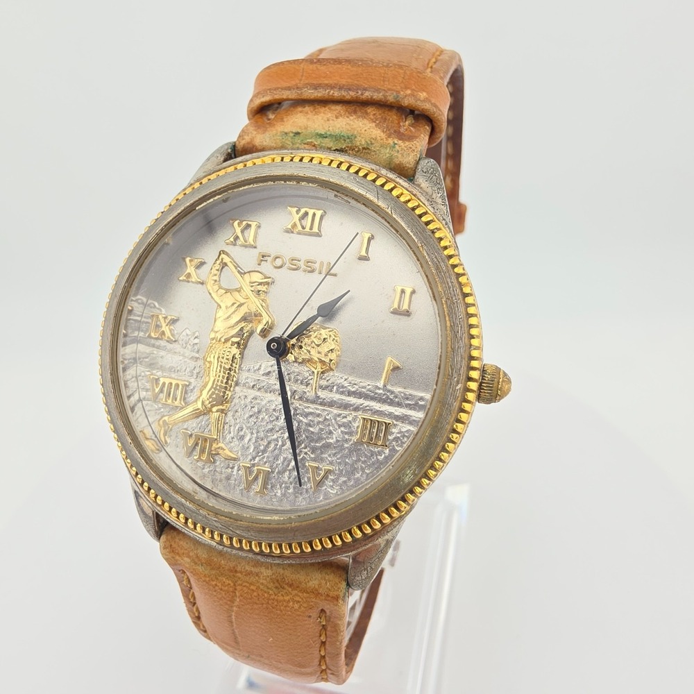 Vtg 1990s FOSSIL Golf Watch Special Edition SE-1003 Tan Leather Silver Gold 8"